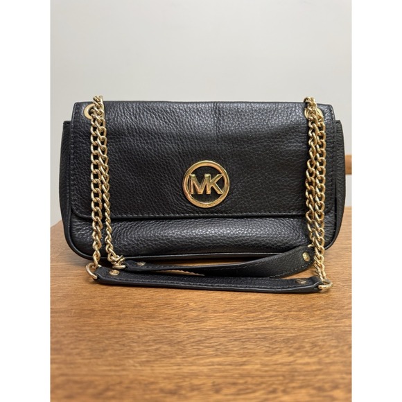 Michael Kors Handbags - Michael Kors Fulton‎ Flap Black Leather Shoulder Bag Pebbled Gold Chain Strap